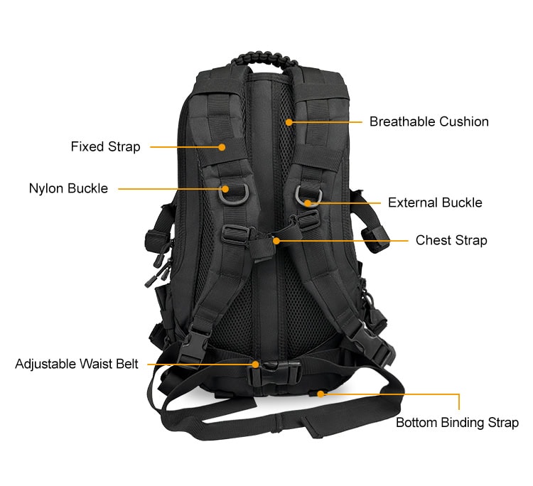 Product feature diagram of the Pathfinder Laser-Cut Tactical Backpack, detailing the storage compartments, MOLLE system, and ergonomic suspension straps.