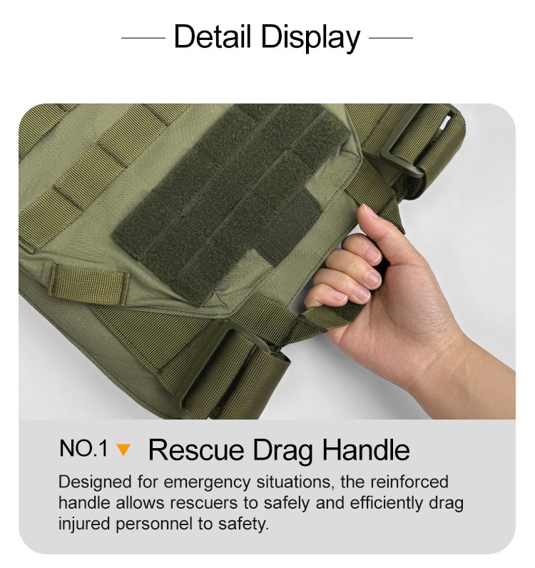 Detail of the 501 plate carrier's reinforced rescue drag handle, a critical safety feature for extracting personnel from danger.