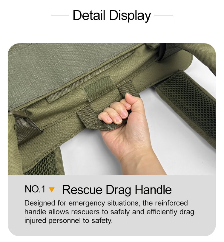 Detail of the JPC MOLLE Plate Carrier's reinforced rescue drag handle, a critical safety feature for emergency extraction of personnel.