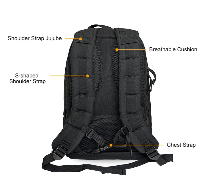 Product feature diagram of the "Ghost" Covert Tactical Backpack, detailing the storage compartments, MOLLE system, and ergonomic straps.