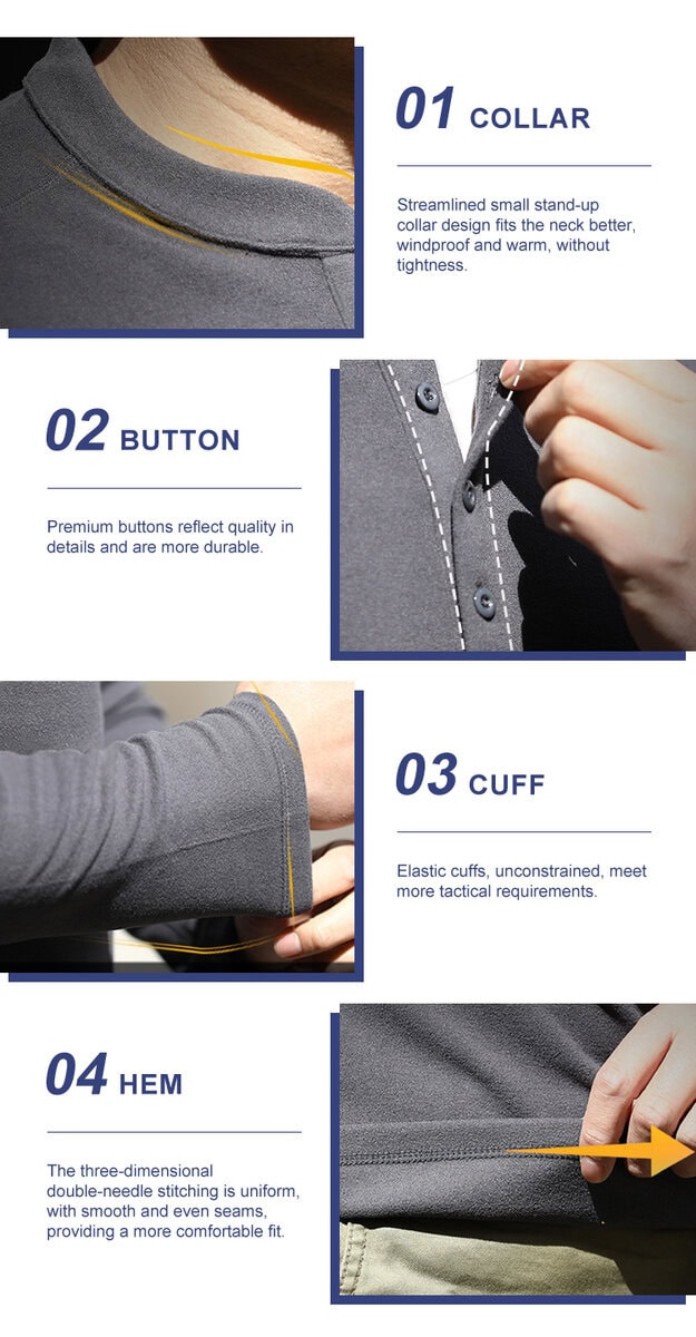 Collage of four key features of the performance tactical henley: 01 classic Henley collar, 02 durable button placket, 03 reinforced cuff, and 04 double-stitched hem.