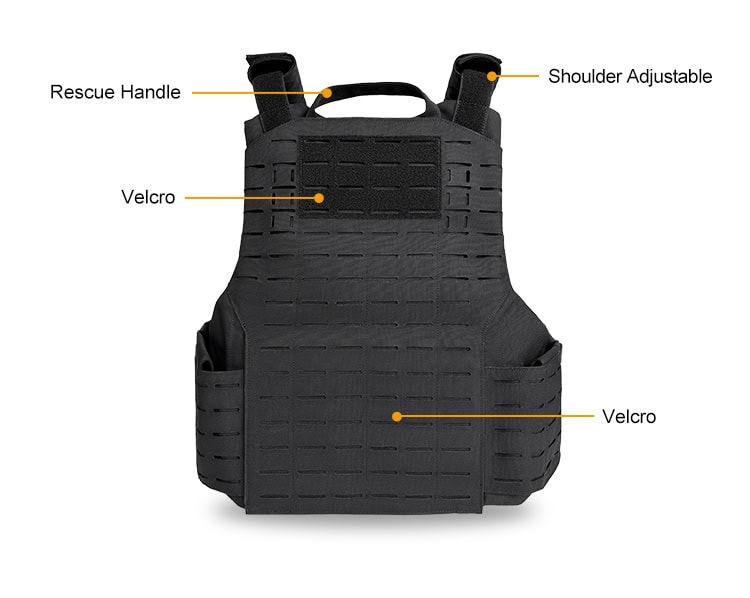Product feature diagram of the Spartan Quick Release Plate Carrier, detailing the quick escape buckles, padded shoulders, and modular pouches.