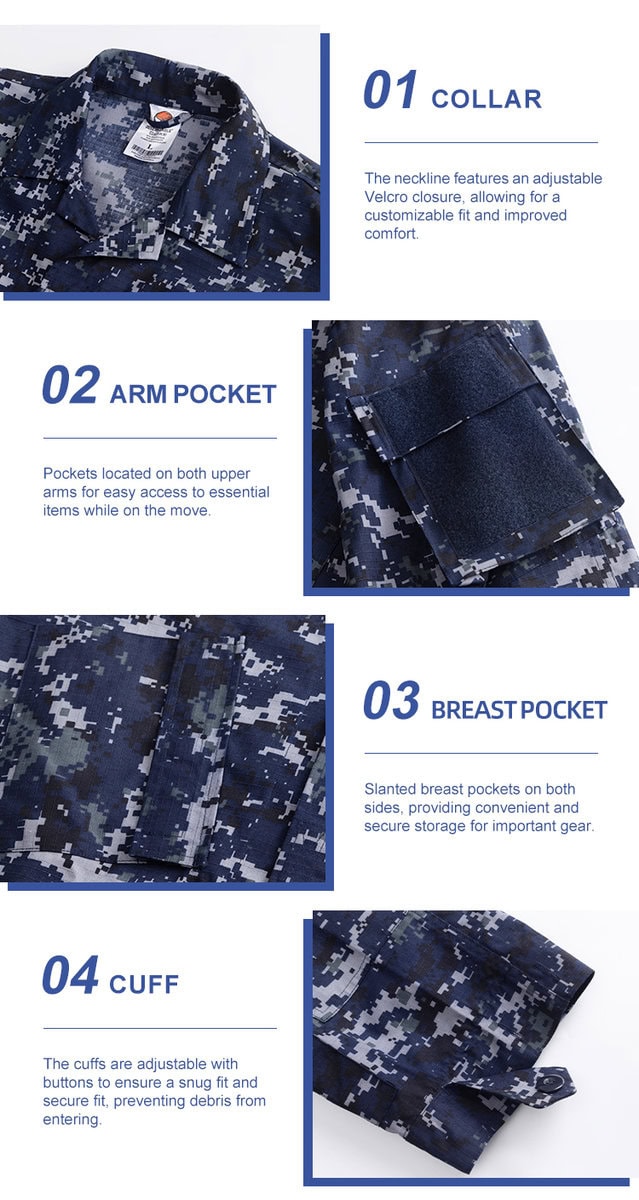 Collage of four key features of the Naval Combat Uniform jacket: 01 adjustable collar, 02 velcro arm pocket, 03 slanted breast pocket, and 04 buttoned cuff.