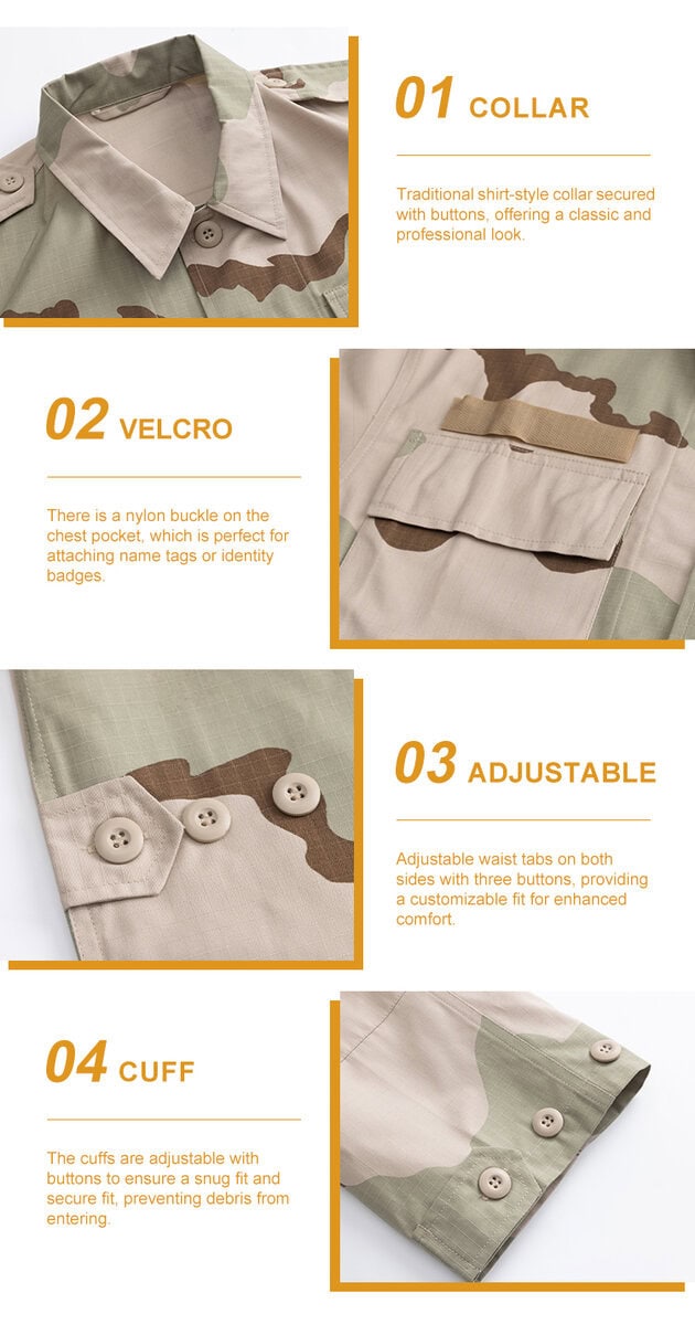 Collage of four key features of the 3-Color Desert BDU jacket: 01 traditional collar, 02 name tape velcro, 03 adjustable waist, and 04 buttoned cuff.