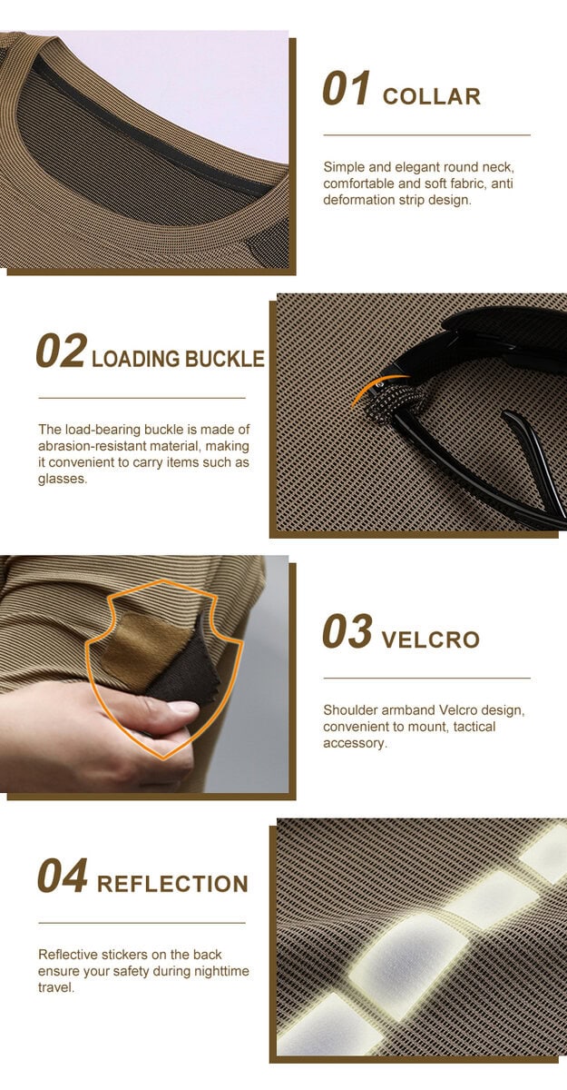 Collage of four key features of the advanced t-shirt: 01 athletic collar, 02 mic/glasses loop, 03 velcro sleeve patch, and 04 reflective logo.