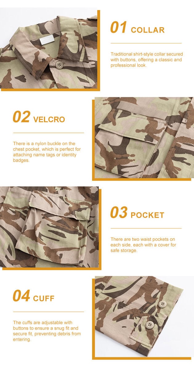 Collage of four key features of the Sentinel heavy-duty jacket: 01 traditional collar, 02 name tape velcro, 03 large pocket, and 04 buttoned cuff.
