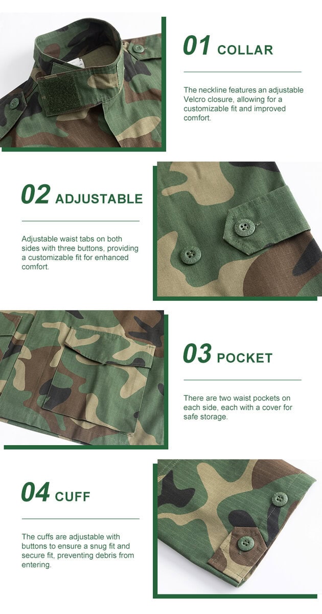 Collage of four key features of the "Nile" jungle camo BDU jacket: 01 traditional collar, 02 adjustable waist, 03 large pocket, and 04 buttoned cuff.