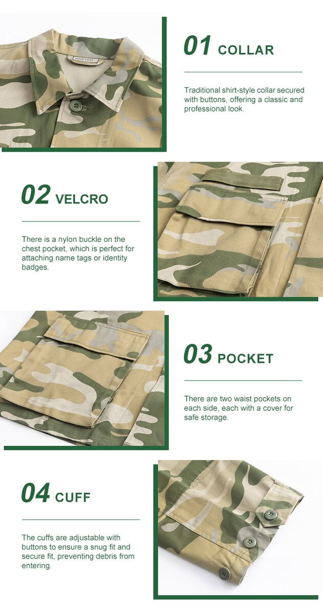 Collage of four key features of the "Savanna" jungle camo BDU jacket: 01 traditional collar, 02 name tape velcro, 03 large pocket, and 04 buttoned cuff.