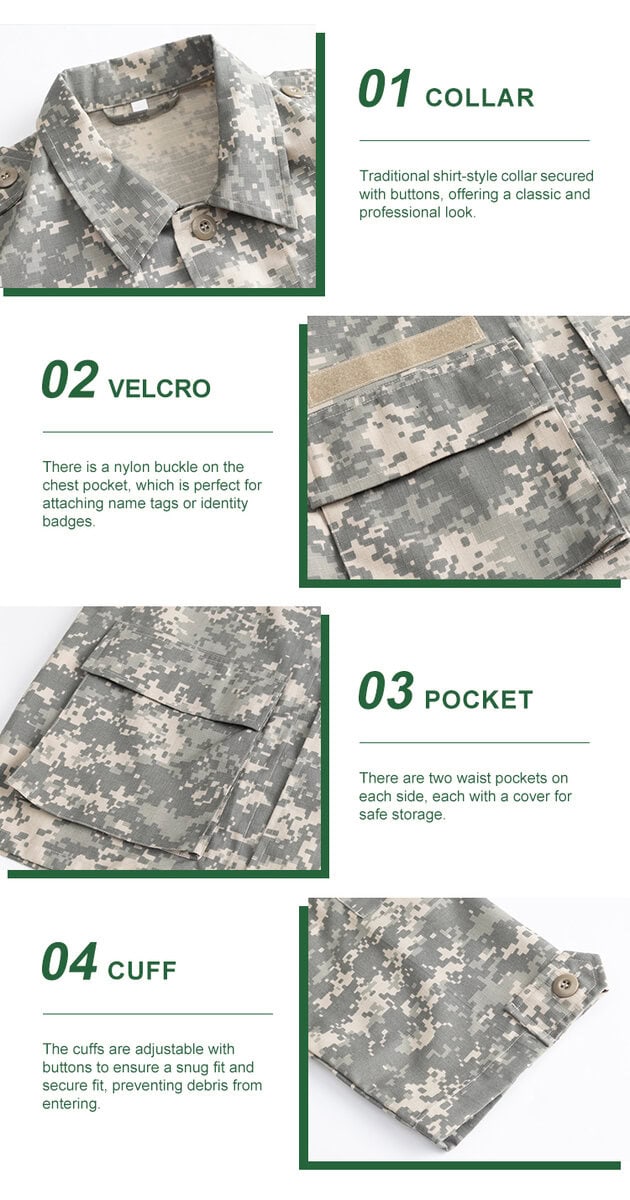 Detailed infographic of four ACU combat shirt features: traditional collar, chest velcro, waist pockets, and adjustable cuffs.