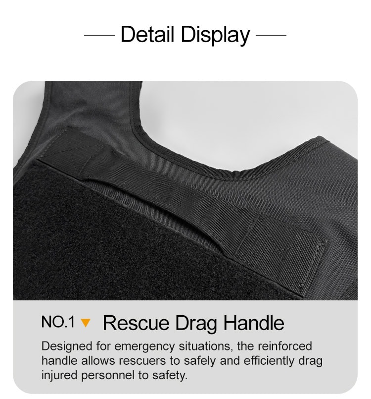 Detail of the Guardian MOLLE plate carrier's reinforced rescue drag handle, a critical safety feature for emergency situations.