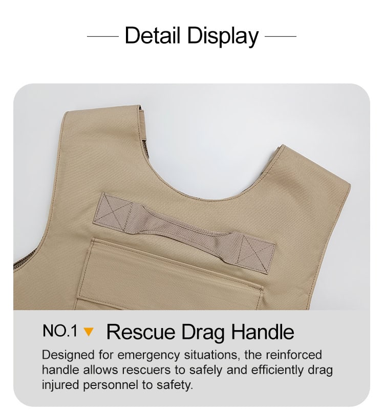 Detail of the "Press" vest's reinforced rescue drag handle, a critical safety feature for extracting personnel from dangerous situations.