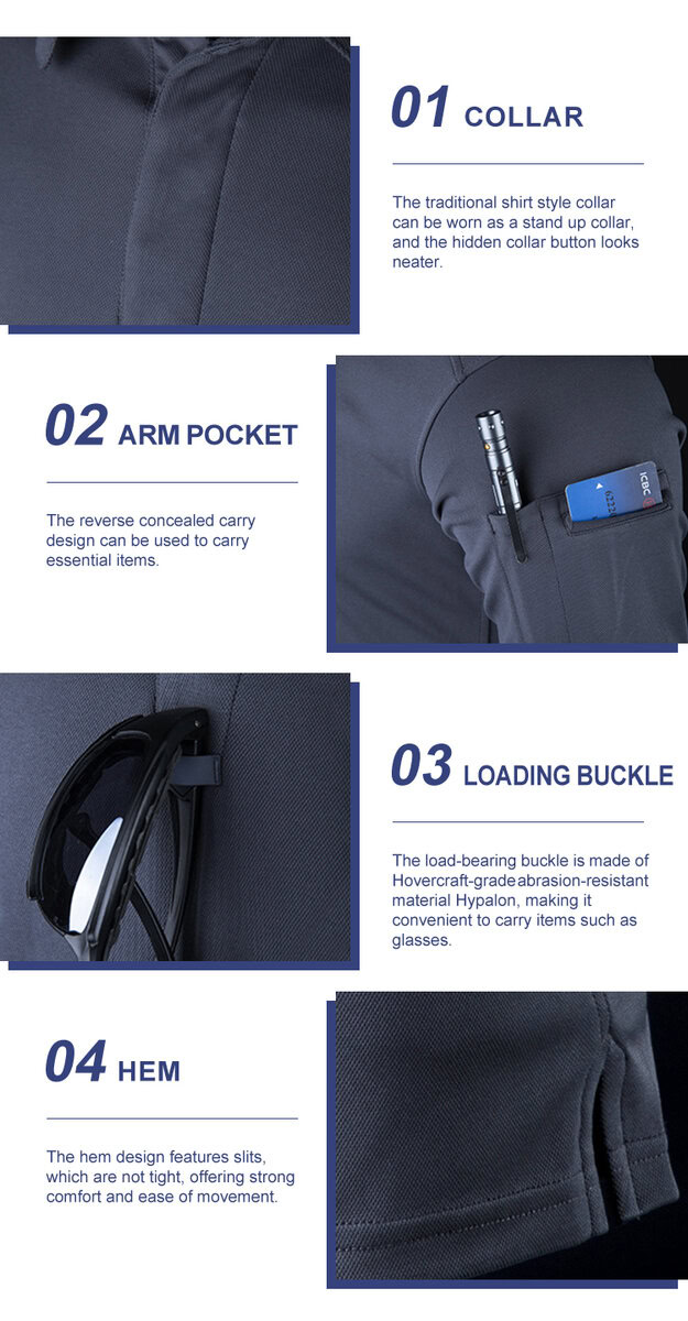 Collage of four key features of the CMAX tactical polo: 01 no-roll collar, 02 sleeve pen pocket, 03 mic/sunglasses loop, and 04 double-stitched hem.