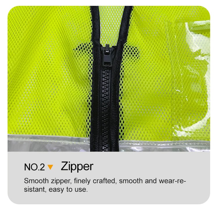 Close-up of the heavy-duty front zipper on the ANSI Class 2 safety vest, designed for reliability and ease of use on the job site.