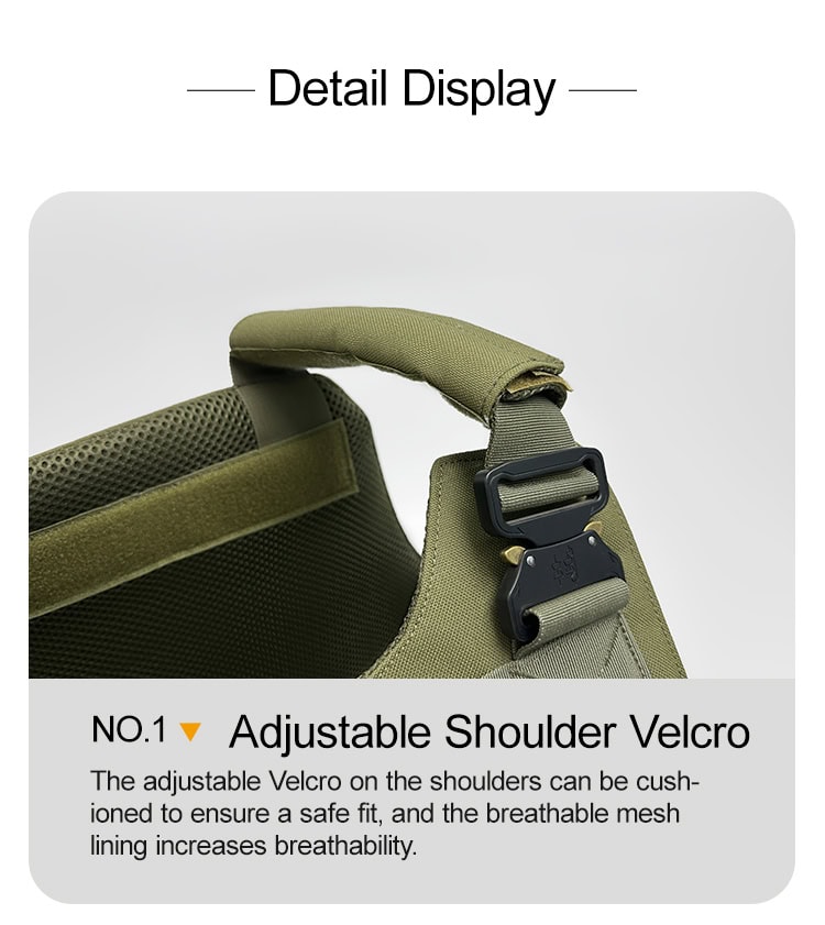 Detail of the "Praetorian" armor's padded shoulder strap with a heavy-duty quick-release Cobra-style buckle for emergency doffing.