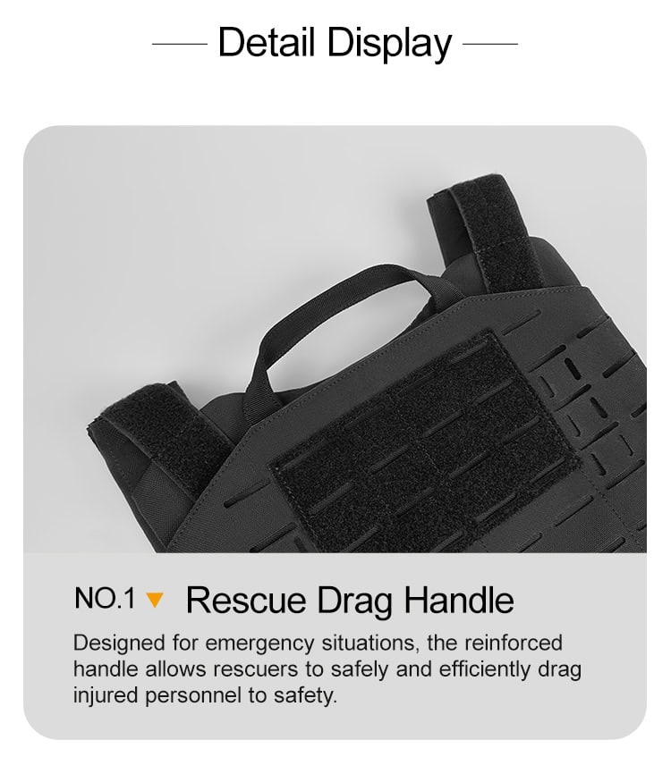 Detail of the "Spartan" plate carrier's reinforced rescue drag handle, a critical safety feature for emergency extraction of personnel.