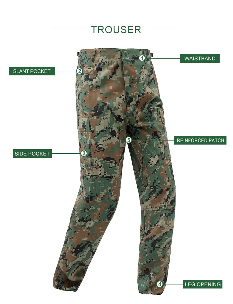 Product feature diagram of the ACU Combat Uniform trousers, highlighting the waistband, slant pockets, side cargo pockets, and leg opening.