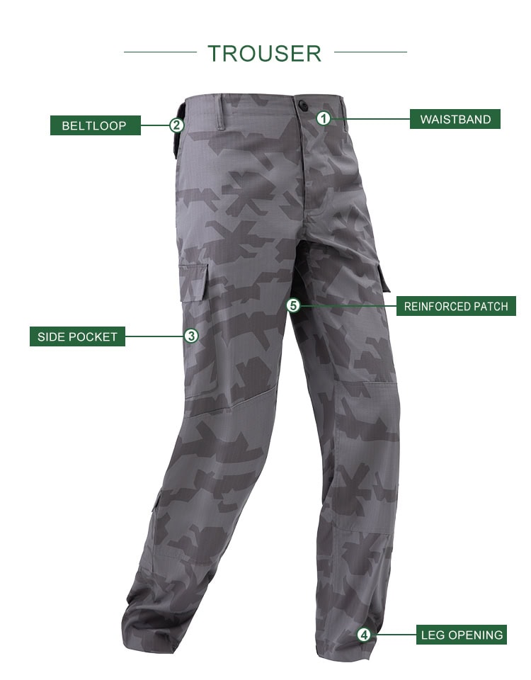 Product feature diagram of the Urban Camo ACU trousers, highlighting the waistband, belt loops, side cargo pockets, and reinforced patches.