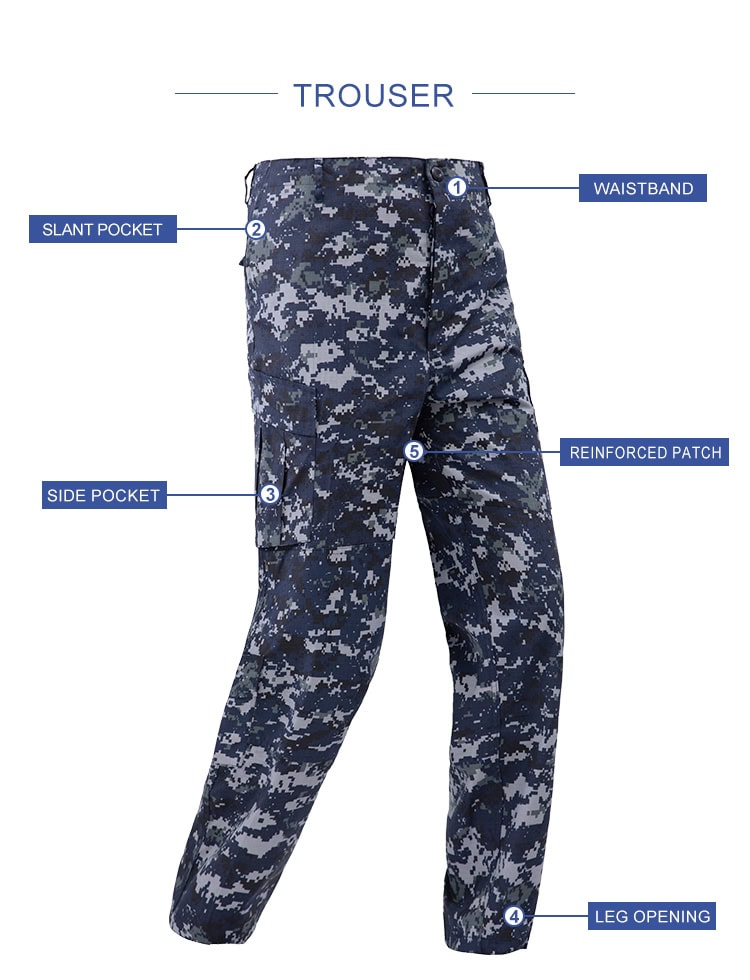 Product feature diagram of the Naval Combat Uniform trousers, highlighting the waistband, slant pockets, side cargo pockets, and drawstring leg opening.