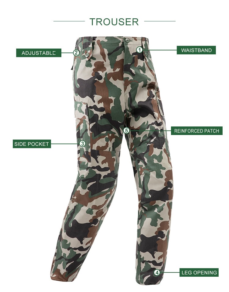 Product feature diagram of the Woodland Camo BDU trousers, highlighting the waistband, adjustable waist tabs, side cargo pockets, and reinforced patches.