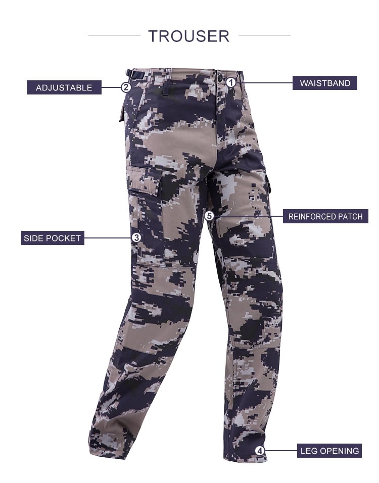 Product feature diagram of the Arid Digital Camo BDU trousers, highlighting the waistband, adjustable straps, side cargo pockets, and reinforced patches.