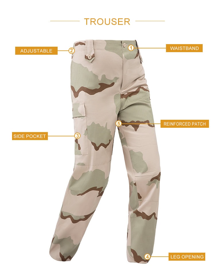 Product feature diagram of the 3-Color Desert BDU trousers, highlighting the waistband, adjustable waist tabs, side cargo pockets, and reinforced patches.