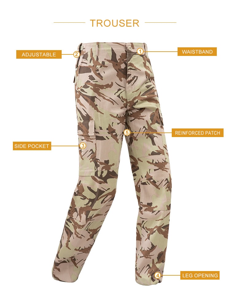 Product feature diagram of the Sentinel Heavy-Duty Combat Uniform trousers, highlighting the waistband, adjustable tabs, side cargo pockets, and reinforced patches.