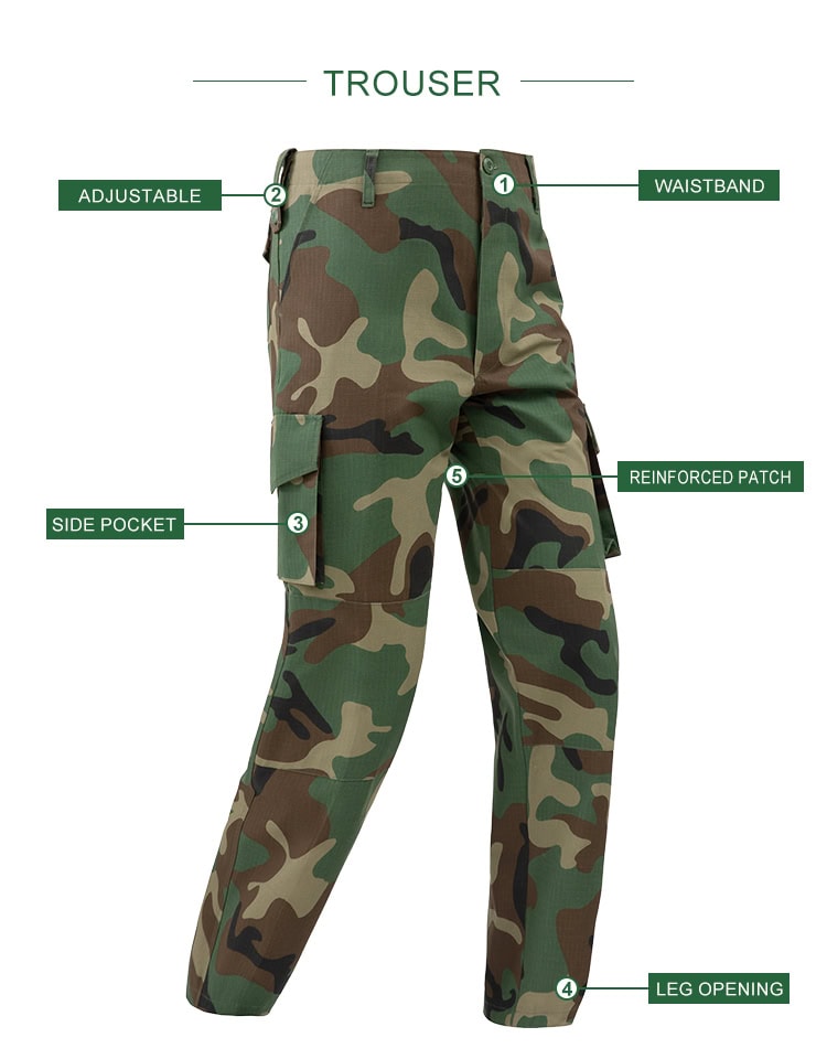 Product feature diagram of the "Nile" Jungle Camo BDU trousers, highlighting the waistband, adjustable tabs, side cargo pockets, and reinforced patches.