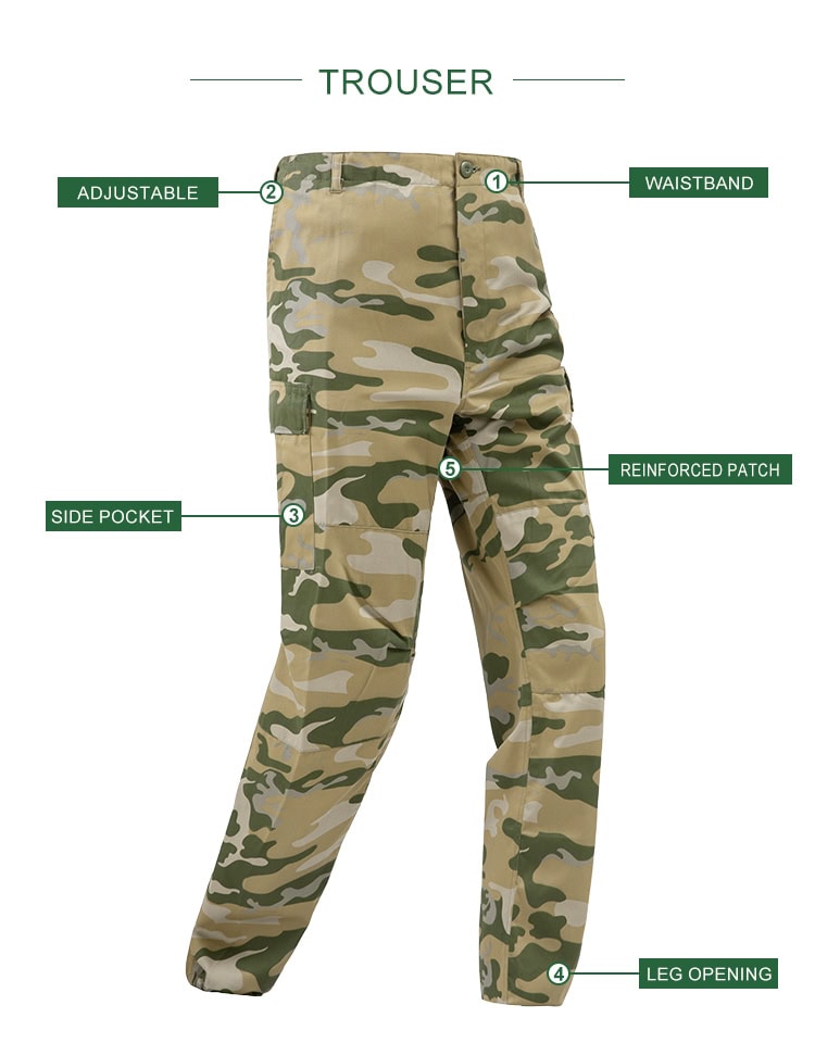 Product feature diagram of the "Savanna" Jungle Camo BDU trousers, highlighting the waistband, adjustable tabs, side cargo pockets, and reinforced patches.