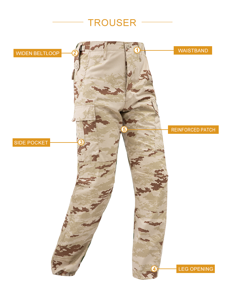 Product feature diagram of the Classic Jungle Camo BDU trousers, highlighting the waistband, adjustable tabs, side cargo pockets, and reinforced patches.