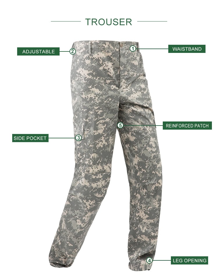 Infographic showing the main features of the custom ACU combat uniform trousers, like the adjustable waist and side pockets.