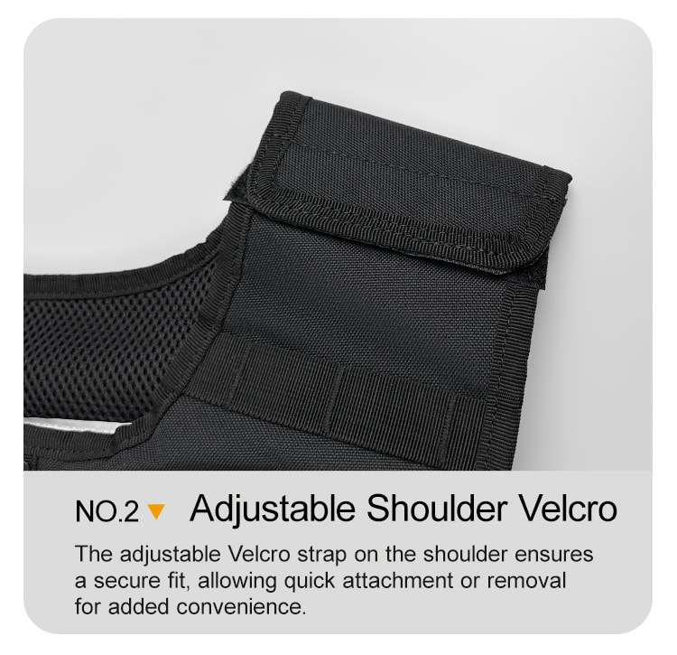 Close-up of the heavy-duty, adjustable shoulder velcro strap on the Guardian MOLLE plate carrier, allowing for a secure and customized fit.