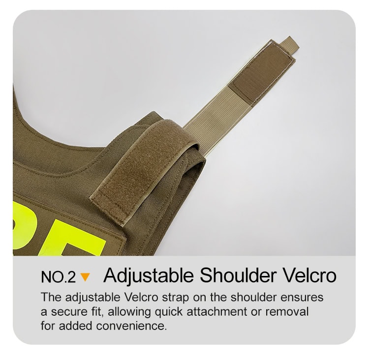 Close-up of the adjustable shoulder velcro strap on the First Responder Body Armor, designed for a secure fit over uniforms or turnout gear.
