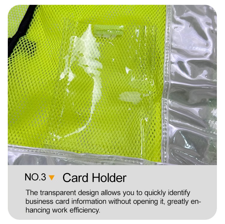 Close-up of the transparent chest pocket and ID card holder on the ANSI Class 2 safety vest, a key feature for site access and efficiency.