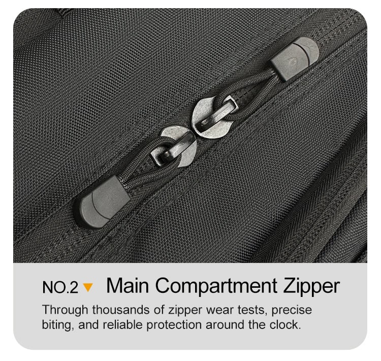 Close-up of the durable, oversized double zippers on the main compartment of the Pathfinder Laser-Cut Tactical Backpack.