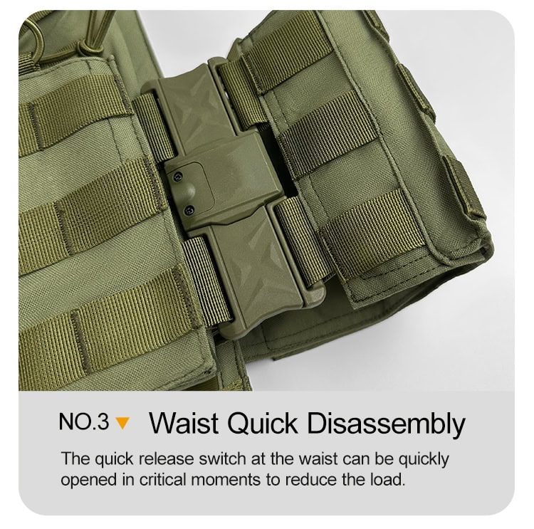 Close-up of the cummerbund quick-release buckle on the 501 plate carrier, allowing for rapid, single-handed doffing.