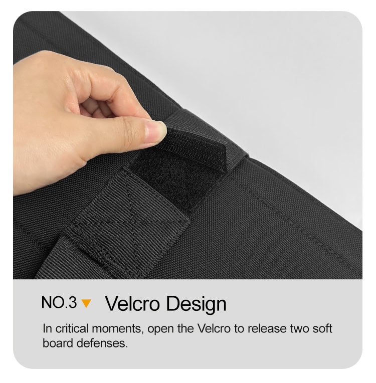 Close-up of the rapid-release velcro tab on the ballistic briefcase, the mechanism for its instant, one-handed deployment.