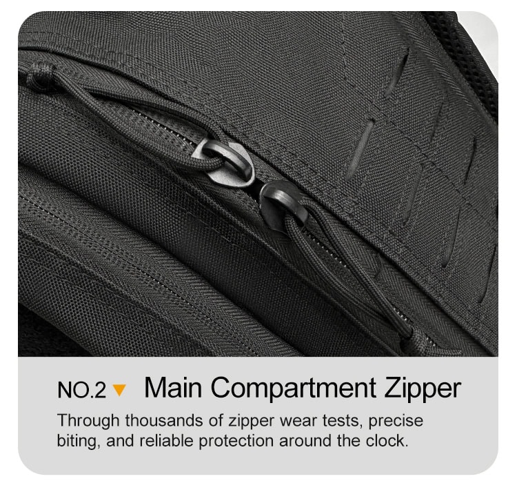 Close-up of the durable, heavy-duty zippers on the main compartment of the "Ghost" Covert Tactical Backpack.