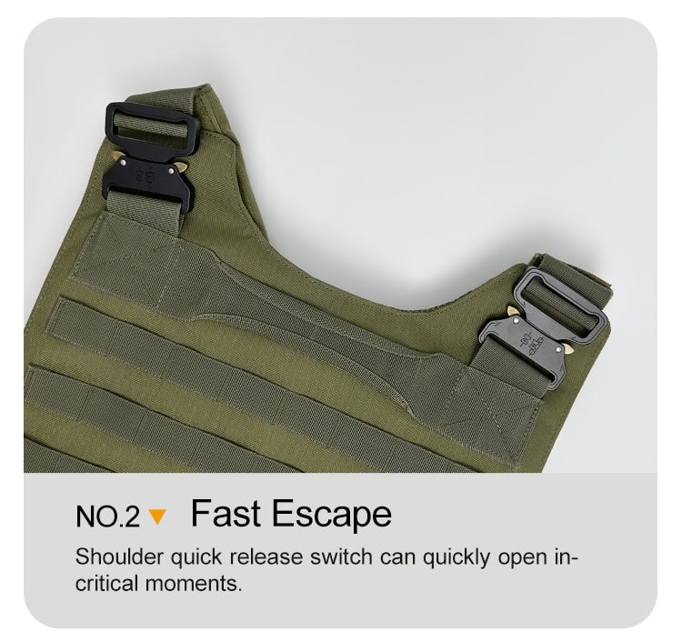 Detail of the "Praetorian" armor's padded shoulder strap with a heavy-duty quick-release Cobra-style buckle for emergency doffing.