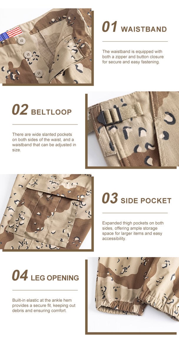 Collage of four key features of the Desert Camo BDU trousers: 01 adjustable waistband, 02 wide belt loops, 03 large cargo pocket, and 04 elasticated leg opening.