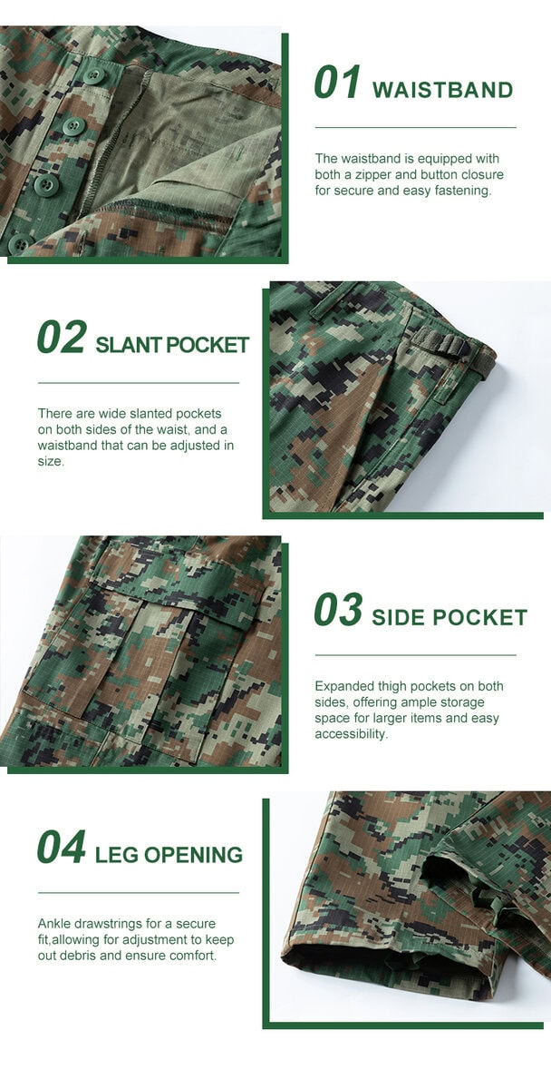 Collage of four key features of the ACU combat uniform trousers: 01 buttoned waistband, 02 wide belt loops, 03 large cargo pocket, and 04 drawstring leg opening.