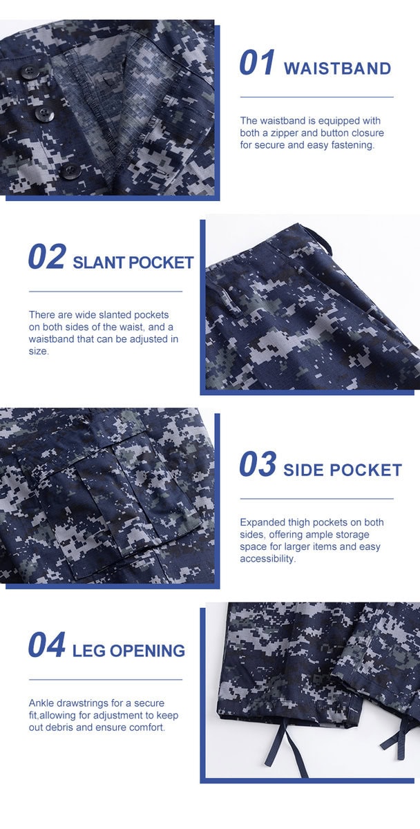 Collage of four key features of the Naval Combat Uniform trousers: 01 buttoned waistband, 02 wide belt loops, 03 large cargo pocket, and 04 drawstring leg opening.