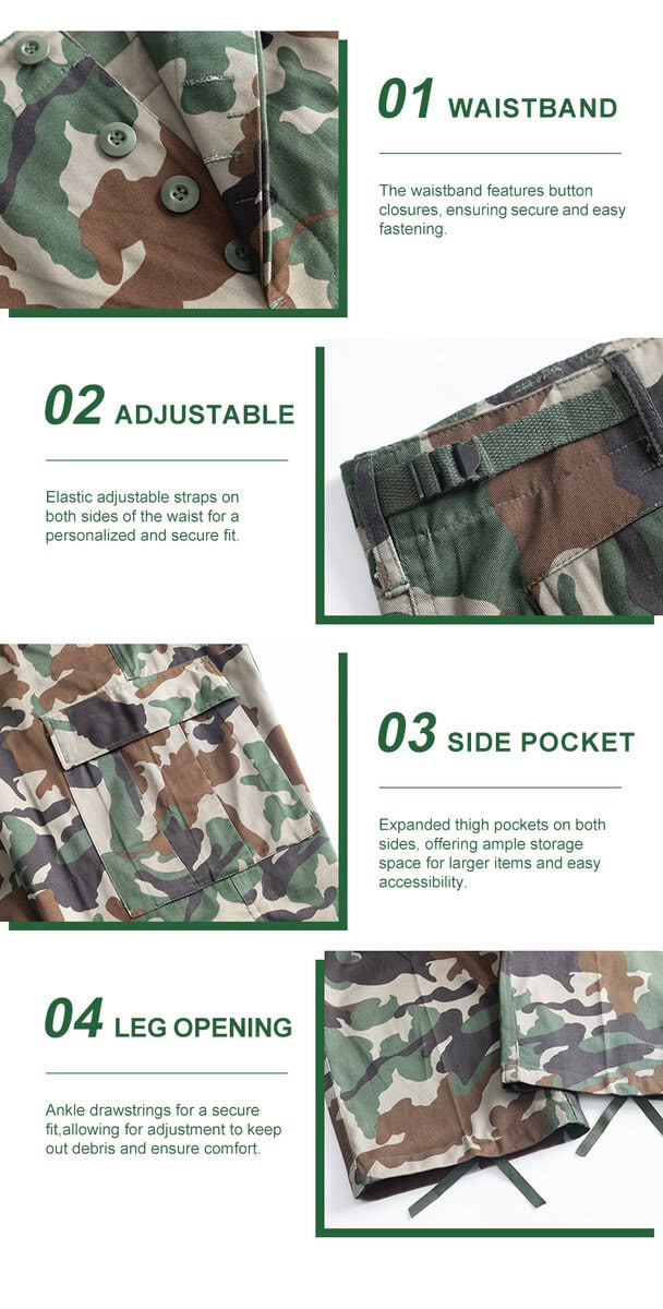 Collage of four key features of the Woodland Camo BDU trousers: 01 buttoned waistband, 02 adjustable waist strap, 03 large cargo pocket, and 04 drawstring leg opening.