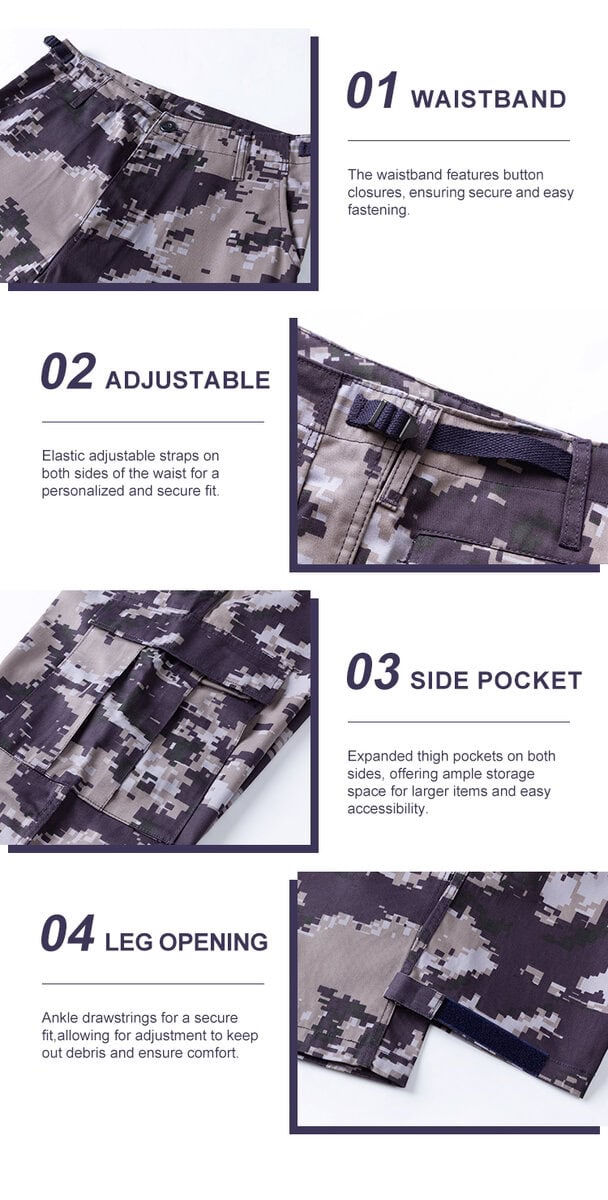 Collage of four key features of the Arid Digital Camo BDU trousers: 01 buttoned waistband, 02 adjustable waist strap, 03 large cargo pocket, and 04 velcro leg opening.