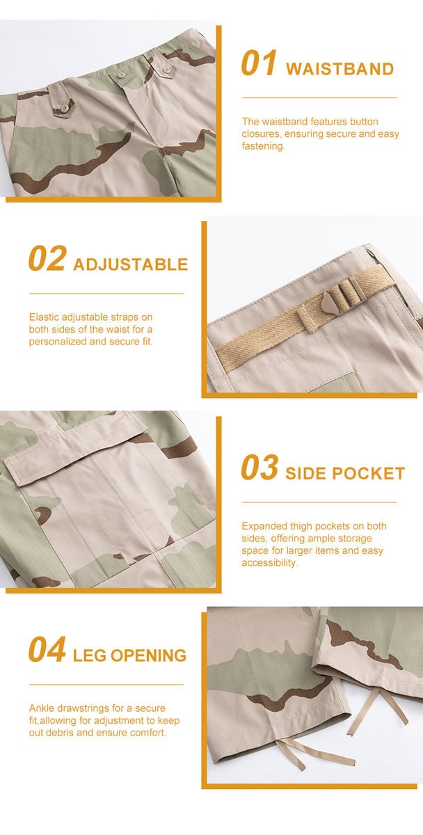 Collage of four key features of the 3-Color Desert BDU trousers: 01 buttoned waistband, 02 adjustable waist strap, 03 large cargo pocket, and 04 drawstring leg opening.