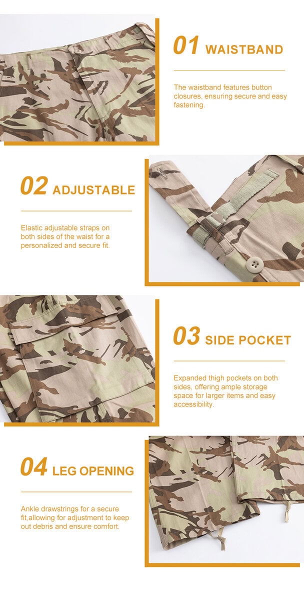 Collage of four key features of the Sentinel heavy-duty trousers: 01 buttoned waistband, 02 adjustable waist strap, 03 large cargo pocket, and 04 drawstring leg opening.