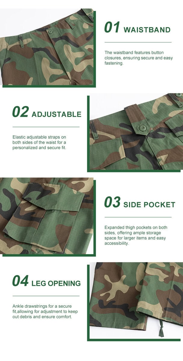 Collage of four key features of the "Nile" jungle camo BDU trousers: 01 buttoned waistband, 02 adjustable waist strap, 03 large cargo pocket, and 04 drawstring leg opening.