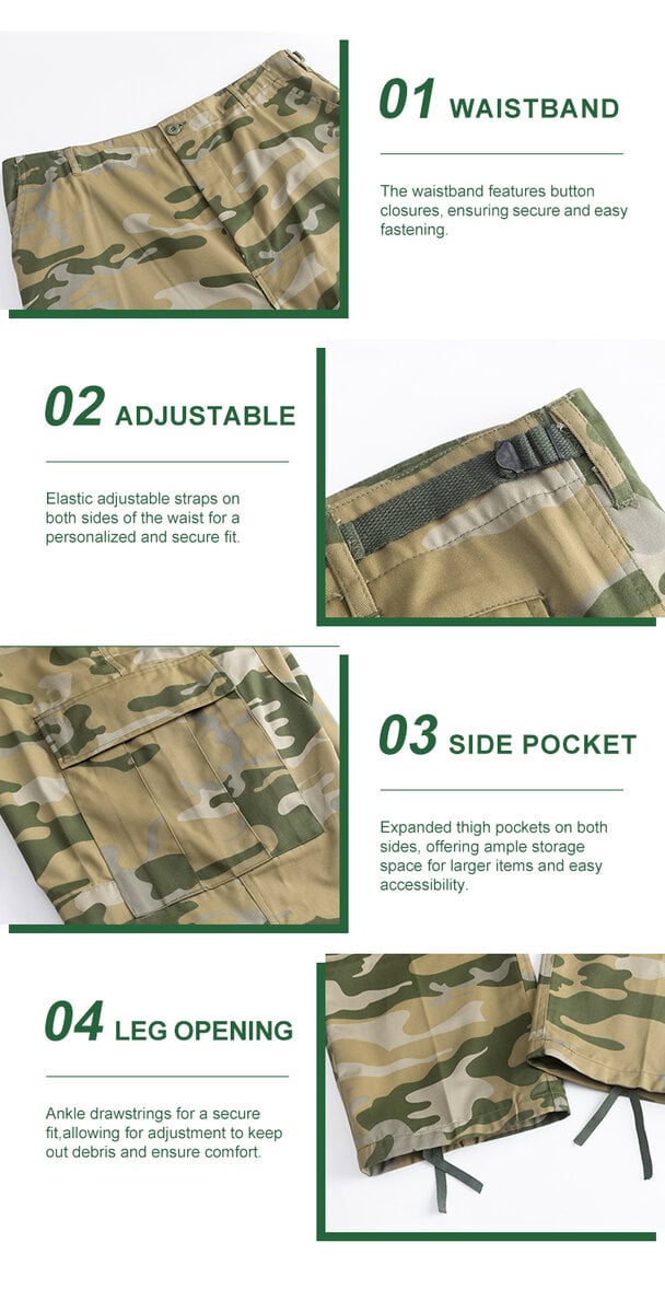 Collage of four key features of the "Savanna" jungle camo BDU trousers: 01 buttoned waistband, 02 adjustable waist strap, 03 large cargo pocket, and 04 drawstring leg opening.