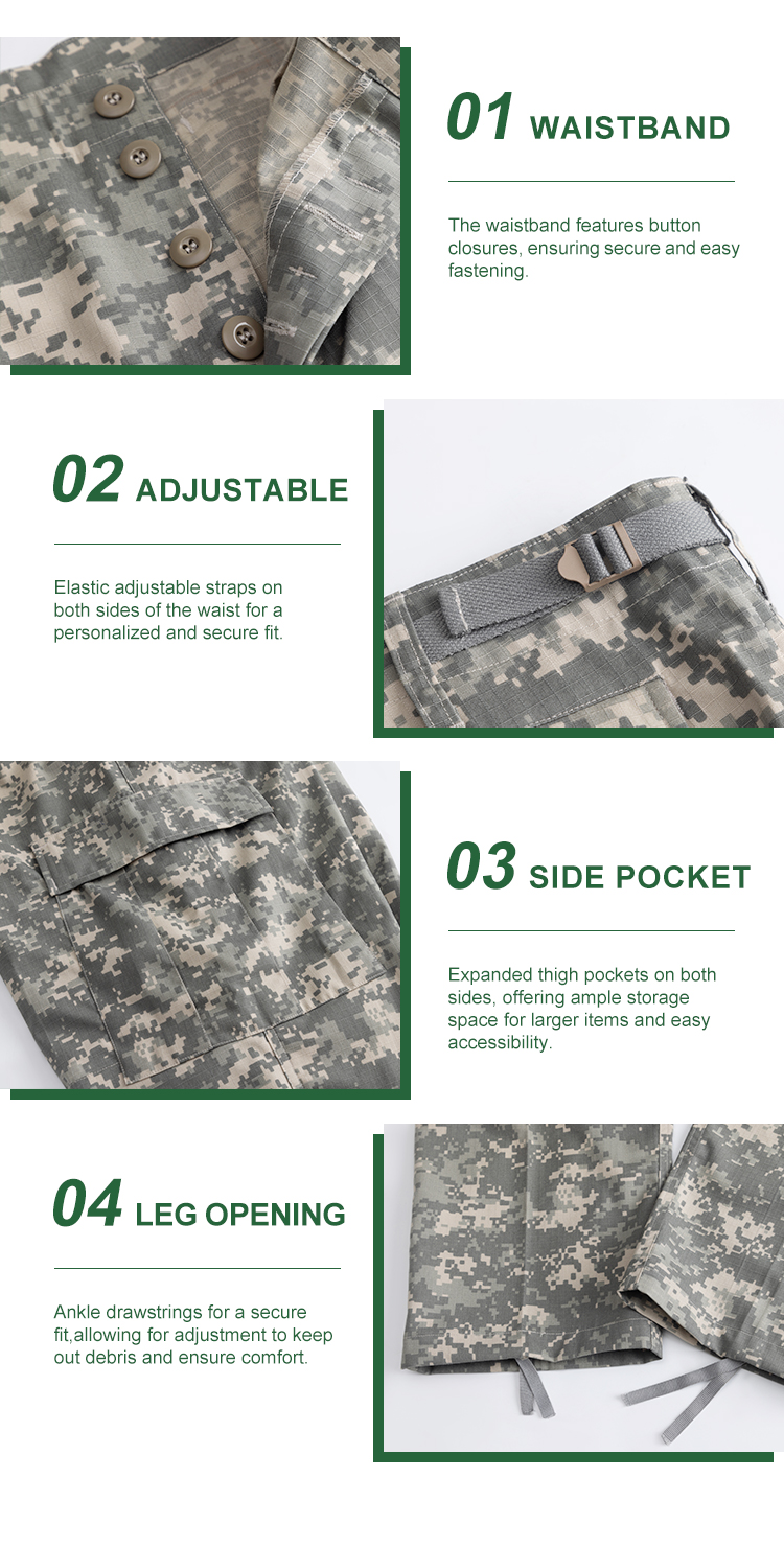 Detailed infographic of four ACU combat trouser features: button waistband, adjustable side straps, expanded side pockets, and drawstring leg openings.