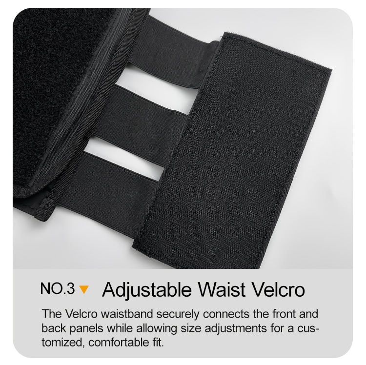 Close-up of the adjustable waist velcro cummerbund of the MOLLE plate carrier, which provides a secure and comfortable multi-point fit.