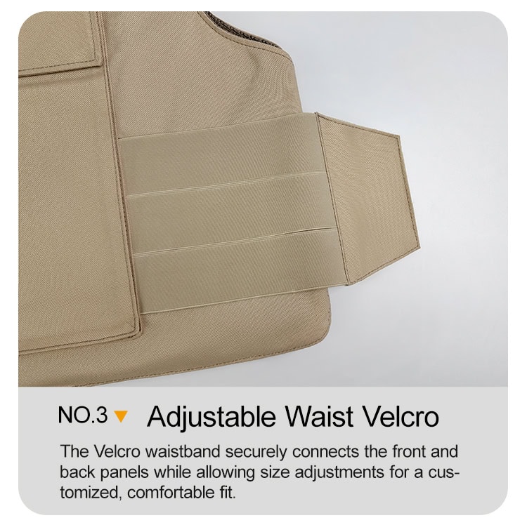Close-up of the elasticated waist adjustment straps of the overt body armor vest, which provide a secure and flexible fit for all-day comfort.